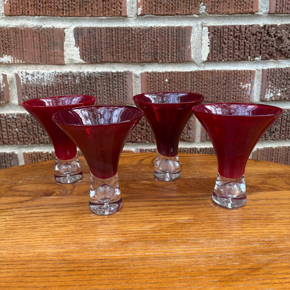 Hand Blown Unique Bubble Bottom Martini Shot Glass Glasses Royal Ruby Red 4 Pc